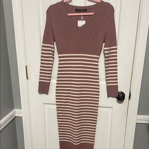 Chic Long Sleeve Striped Dress in Brown and Cream